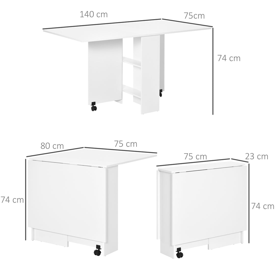 MCL Folding Dining Table, Drop Leaf Table with 2-Tier Shelves, Rolling Casters, for Small Spaces, Kitchen, White