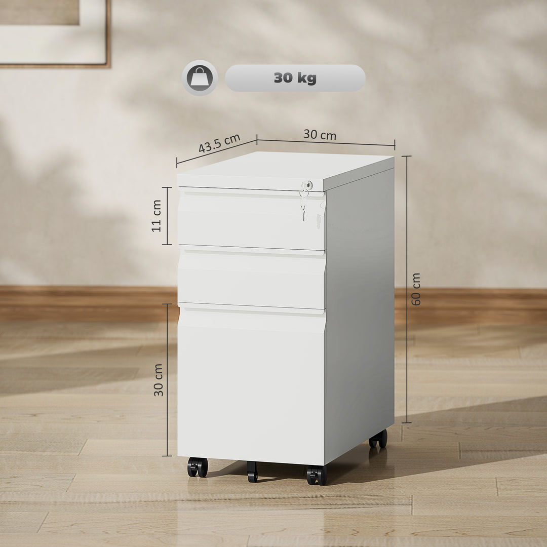3-Drawer Steel Filing Cabinet with Lock and Wheels - White