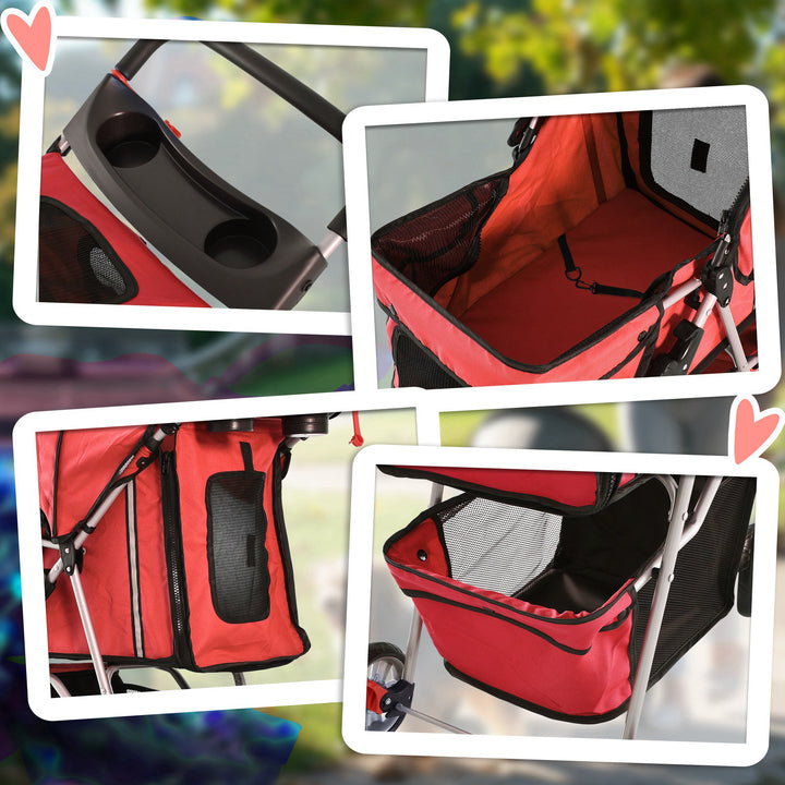 MCL Pet Stroller for Small Miniature Dogs Cats Foldable Travel Carriage with Wheels Zipper Entry Cup Holder Storage Basket Red
