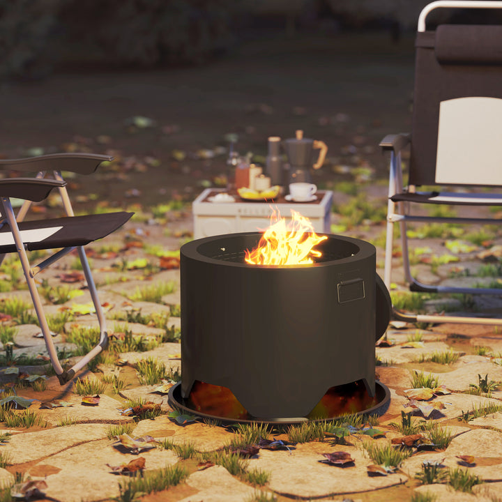 Outdoor Round Fire Pit with Lid and Fire Poker - Black