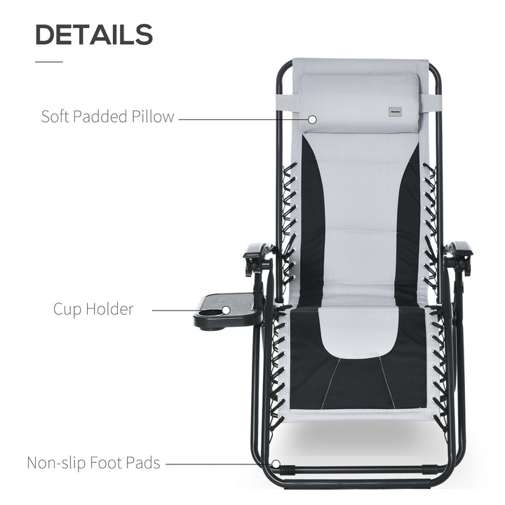 Zero Gravity Lounger Chair, Folding Reclining Patio Chair with Padded Seat, Cup Holder, Soft Cushion and Headrest for Poolside, Camping, Light Grey