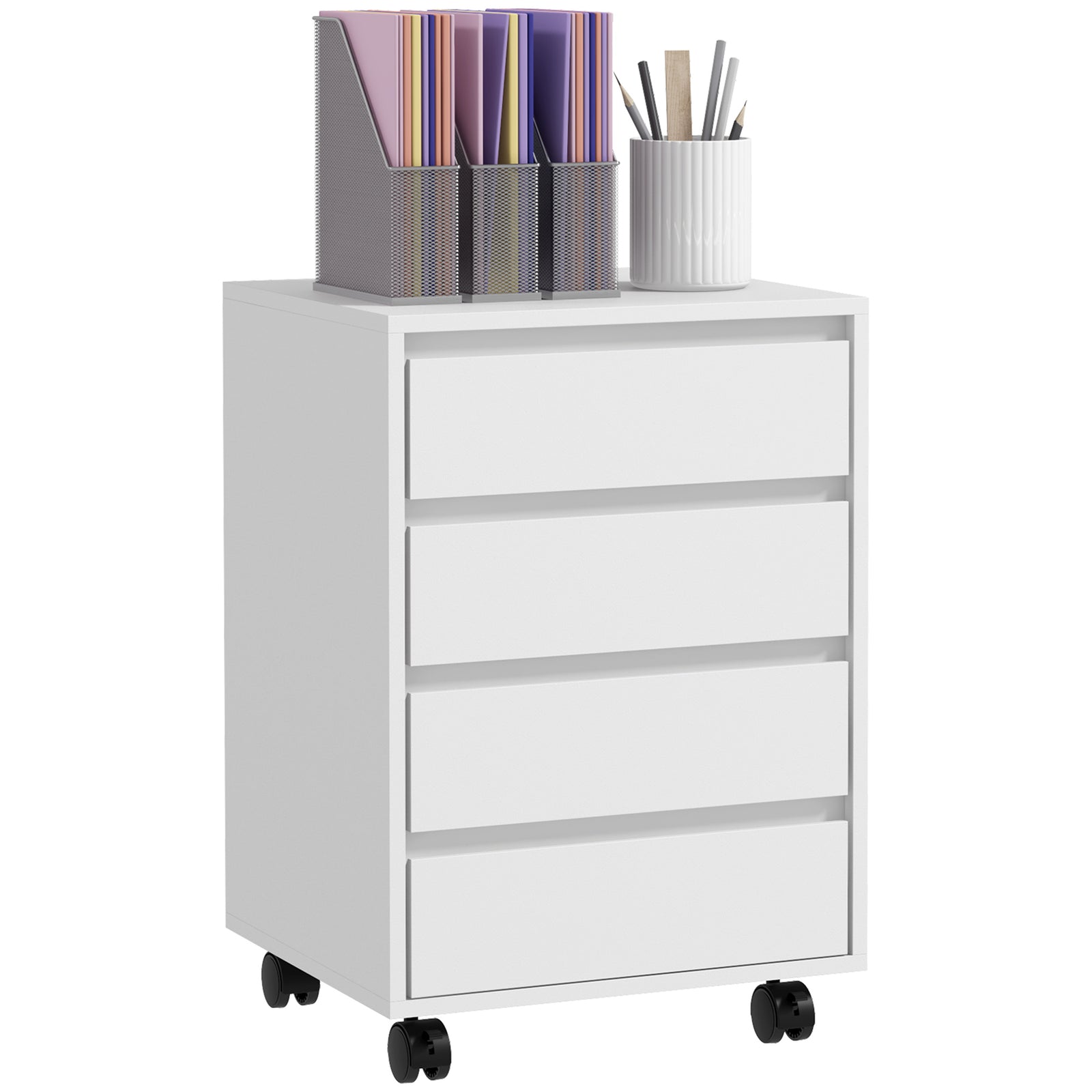 Four-Drawer Office Filing Cabinet, with Wheels - White