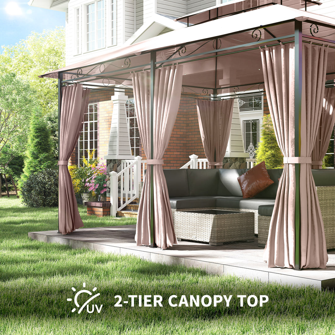 4m x 3(m)Garden Gazebo, Double Roof Outdoor Gazebo Canopy Shelter with Curtains, Solid Steel Frame for Patio, Garden, Brown