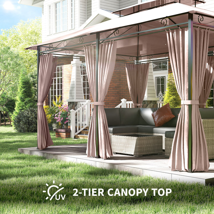 4m x 3(m)Garden Gazebo, Double Roof Outdoor Gazebo Canopy Shelter with Curtains, Solid Steel Frame for Patio, Garden, Brown