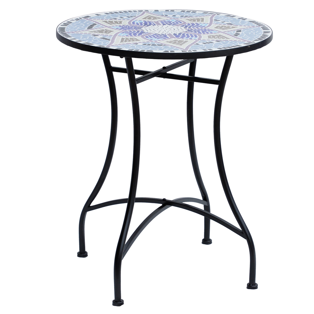 MCL Outdoor Mosaic Round Garden Table, Patio Bistro Coffee Side Table with 60cm Ceramic Top for Garden, Blue and White