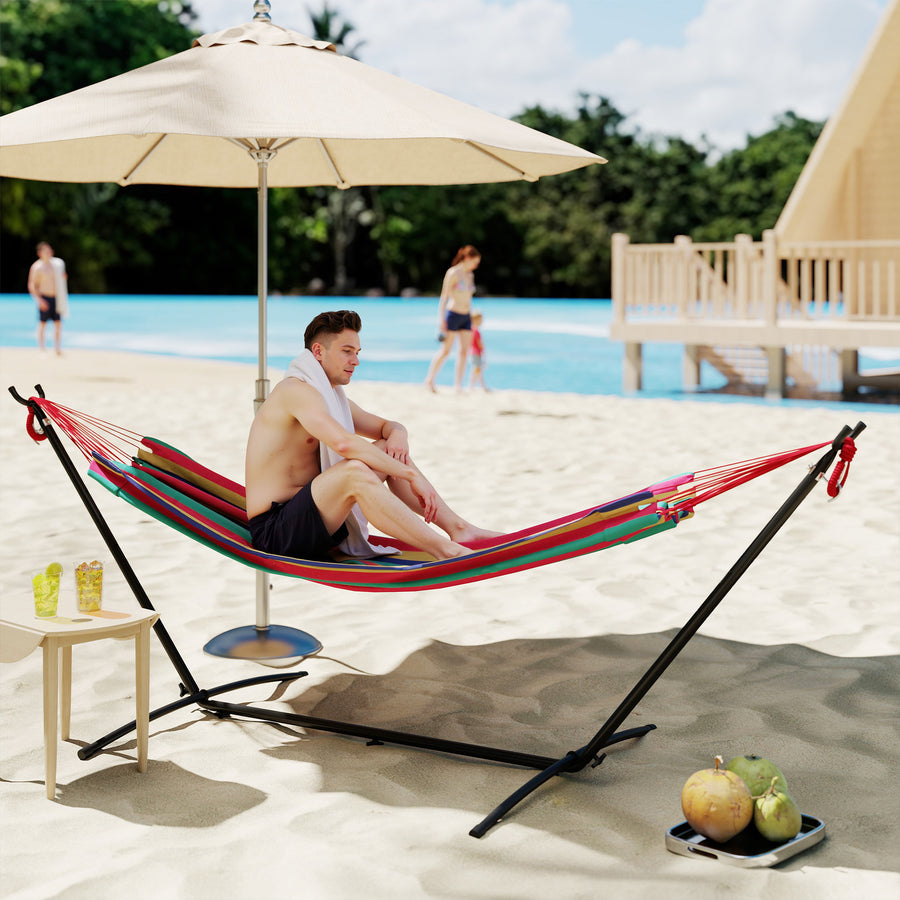 298 x 117cm Hammock with Stand Camping Hammock with Portable Carrying Bag, Adjustable Height, 120kg Load Capacity, Red Stripe