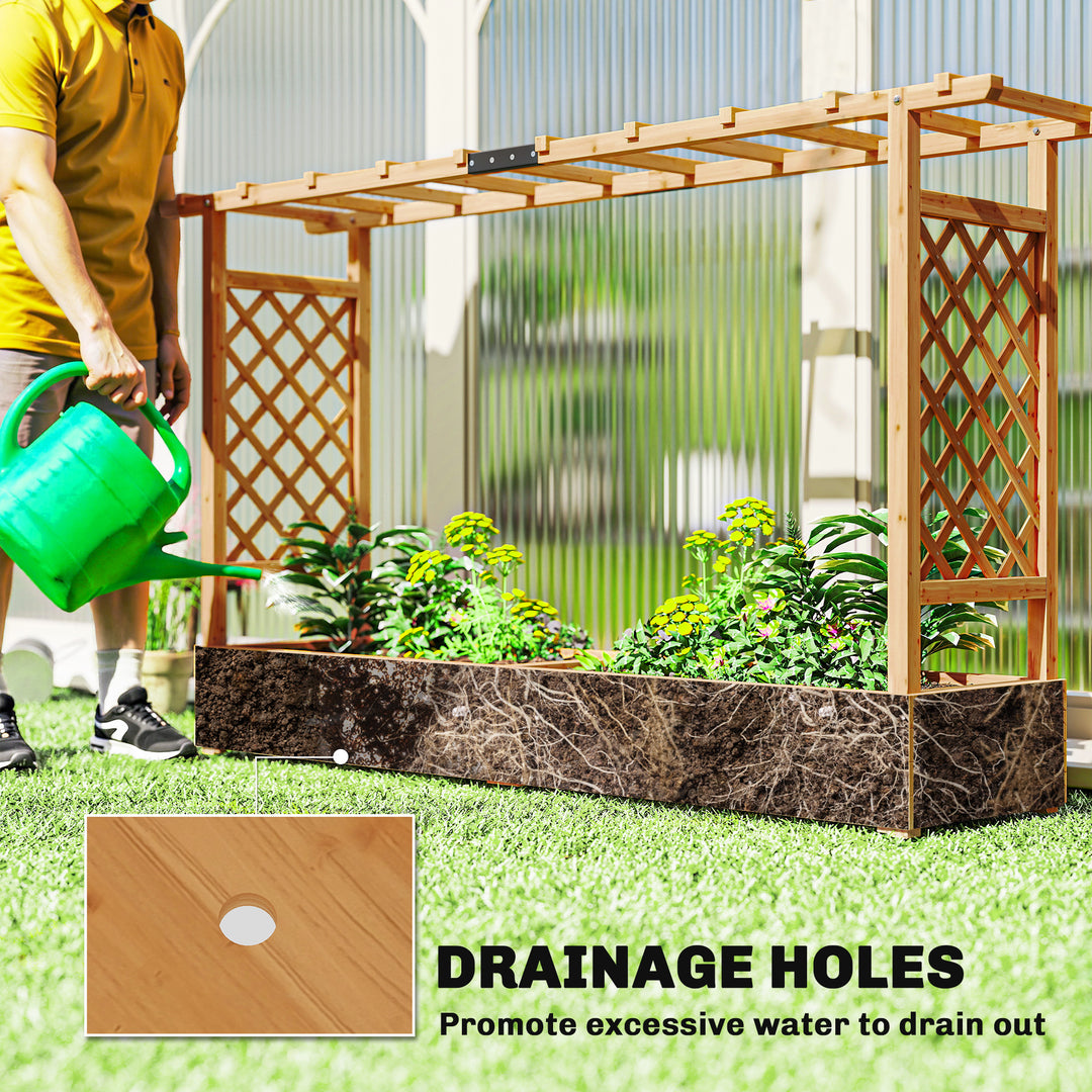 Raised Planter with Trellis, Wooden Raised Bed for Garden with Hanging Roof and Drainage Holes, Outdoor Planter Box