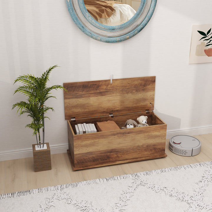 113L Storage Chest, Storage Box with Flip-Top Lid and 2 Safety Hinges, Storage Trunk for Living Room, Entryway, 100 x 40 x 40 cm, Brown Wood Grain