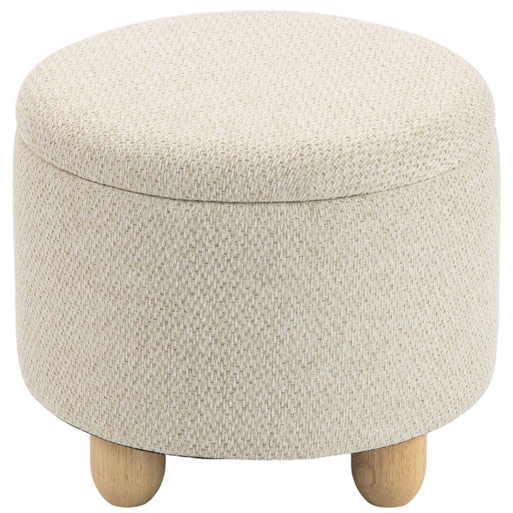 Storage Sitting Bench with Lid, Round Storage Ottoman with Rubberwood 
