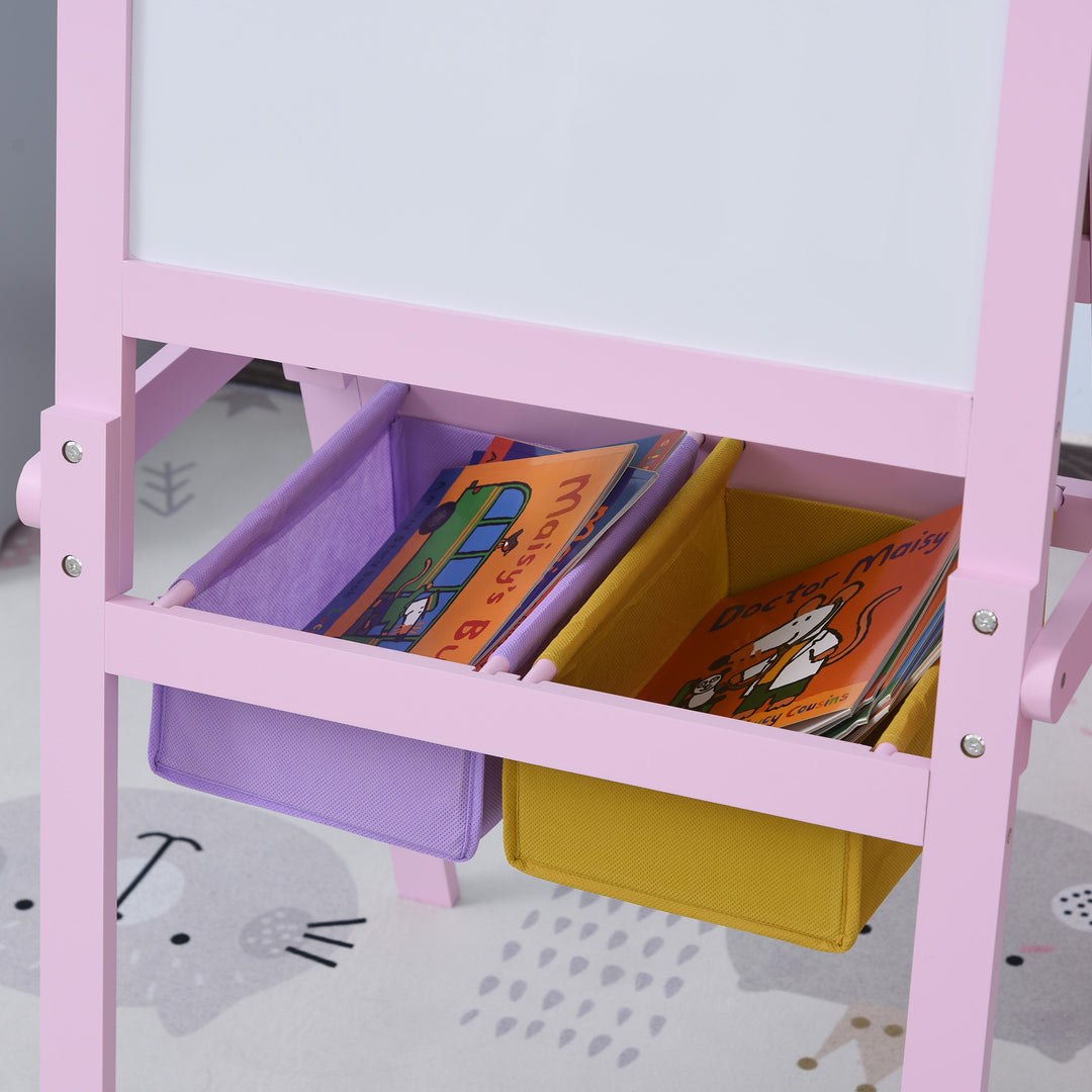 Kids Easel 3 in 1 Wooden Art Easel with Paper Roll Double-Sided Chalkboard & Whiteboard with Storage Baskets for Toddler Girls, Pink