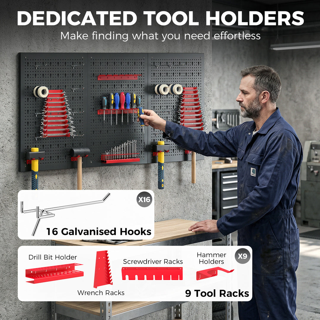 28 Pcs Wall-Mounted Pegboard with 3 Boards, Garage Tool Storage Unit B