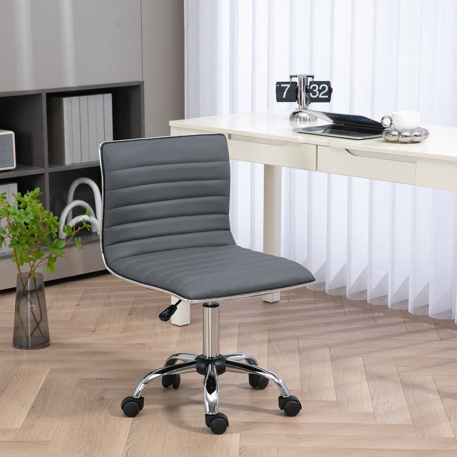Armless Task Desk Chair, Swivel Office Chair with Faux Leather, Adjustable Seat Height, Chrome Base, Wheels for Home, Dark Grey