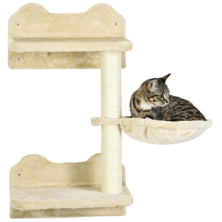 4 Piece Cat Shelf with Scratching Post, Wall-Mounted Cat Tree for Indoor Cat - Beige