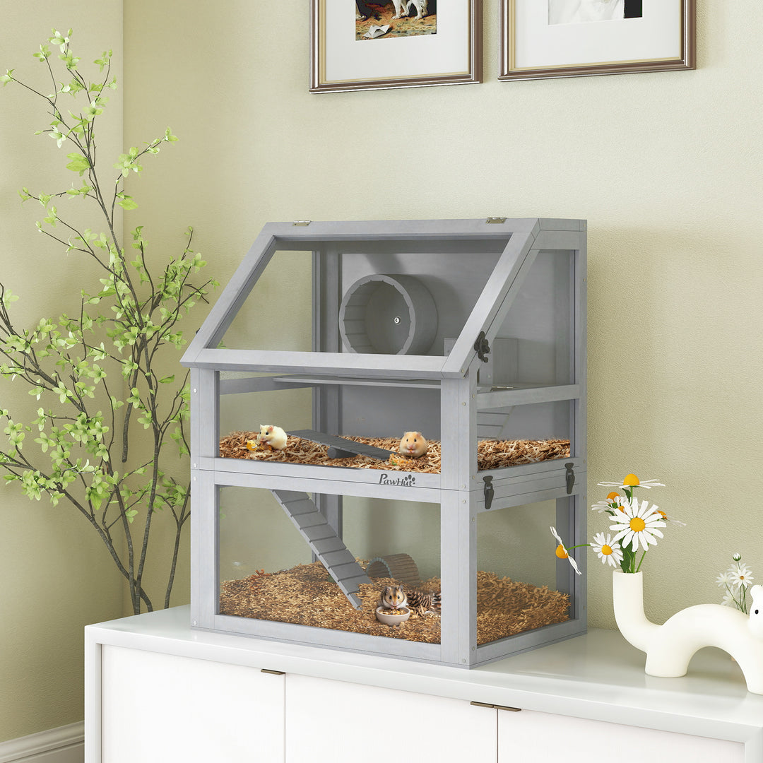 PawHut Wooden Hamster Cage with Detachable 32cm Deep Bottom, Hut, Seesaw, Exercise Wheel, Ramp, 60 x 40 x 75cm, Light Grey