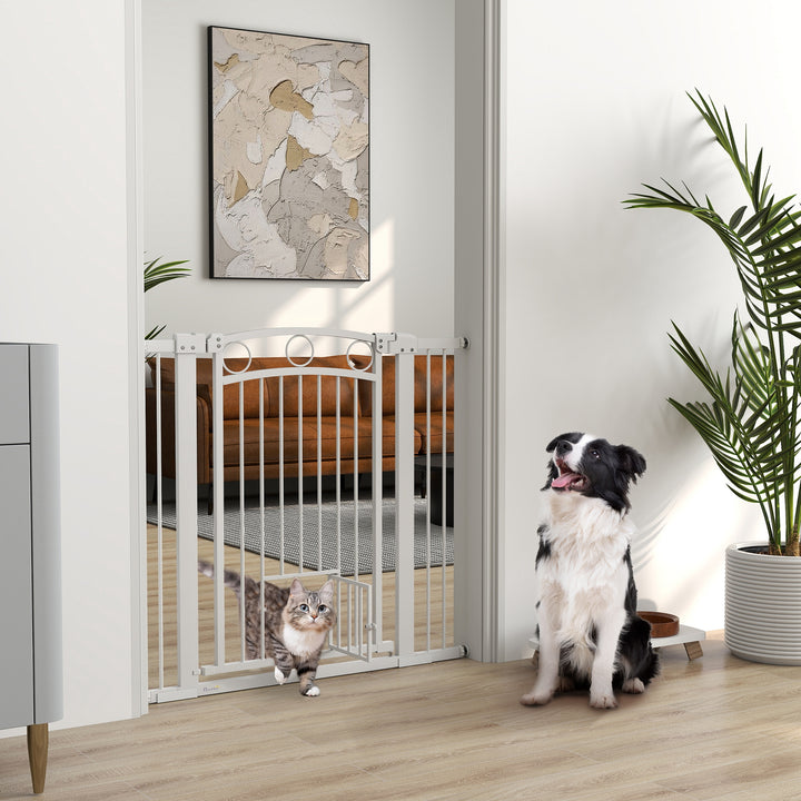96cm Tall Dog Gate with Cat Door, 7cm and 14cm Extensions, for Stairs, Doorways, 76-104cm Width
