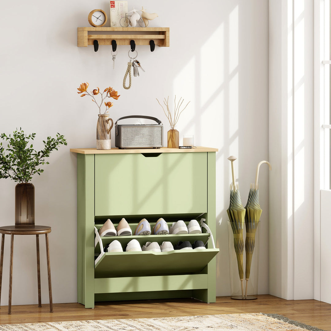 Slim Shoe Cabinet, Narrow Shoe Cupboard with 2 Flip Drawers, Adjustable Shelves for 12 Pairs of Shoes