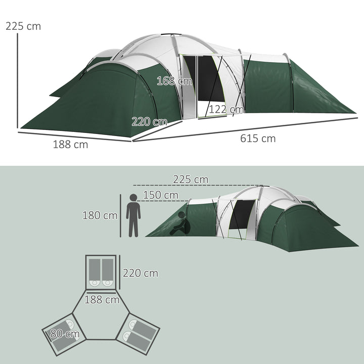 6-9 Man Tent with Bedrooms and Living Room, Accessories Included, Green