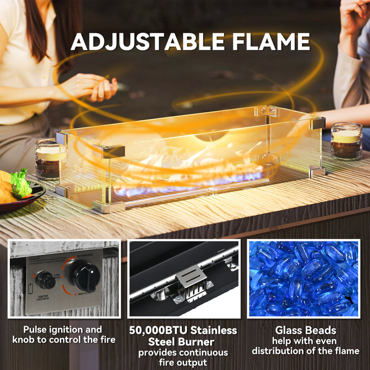 50,000 BTU Gas Fire Pit Table with Cover and Glass Screen - Dark Grey