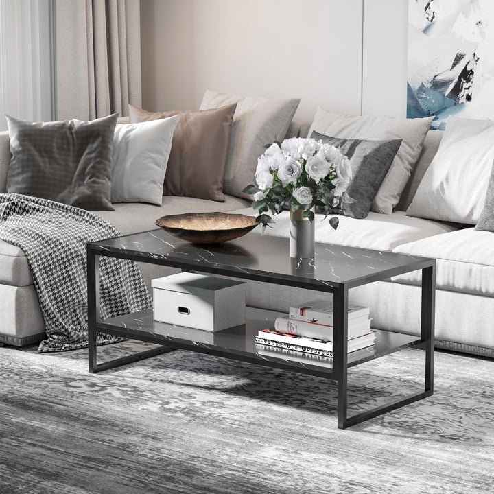 HOMCOM Elegant Two-Tier Coffee Table: Laminate Marble Print Top, Metal Frame, Foot Pads, 2 Shelves, Black | Aosom UK