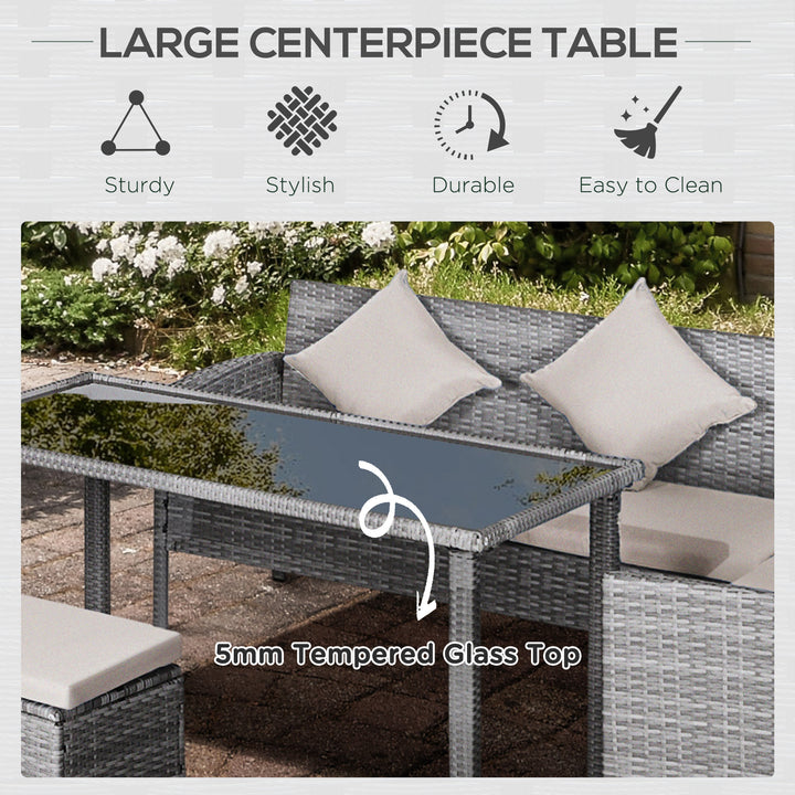 6-Seater Rattan Dining Set Sofa Table Footstool Outdoor w/ Cushion Garden Furniture