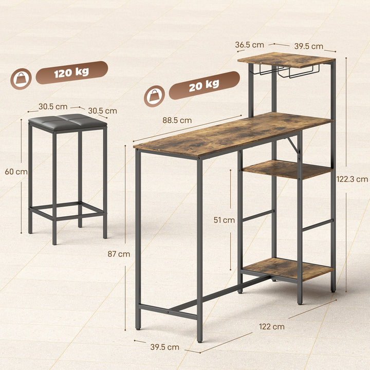3 Piece Breakfast Bar Table and Stools Set, Rustic Brown