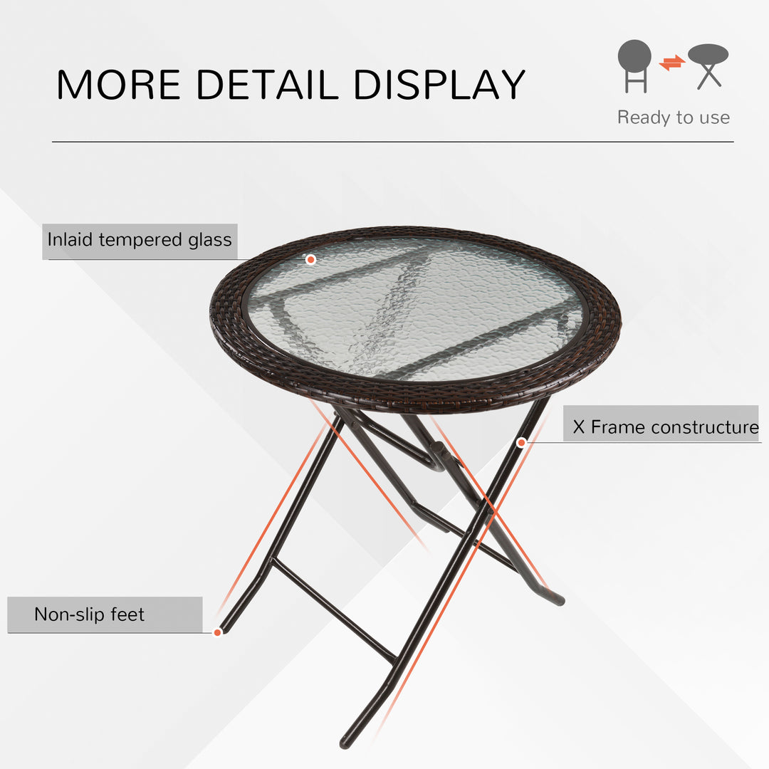 Folding Rattan Garden Dining Table, 68 cm Round Rattan Garden Table with Water Ripple Tempered Glass Top, Wicker Edging and Steel Frame for Outdoor, Patio, Brown