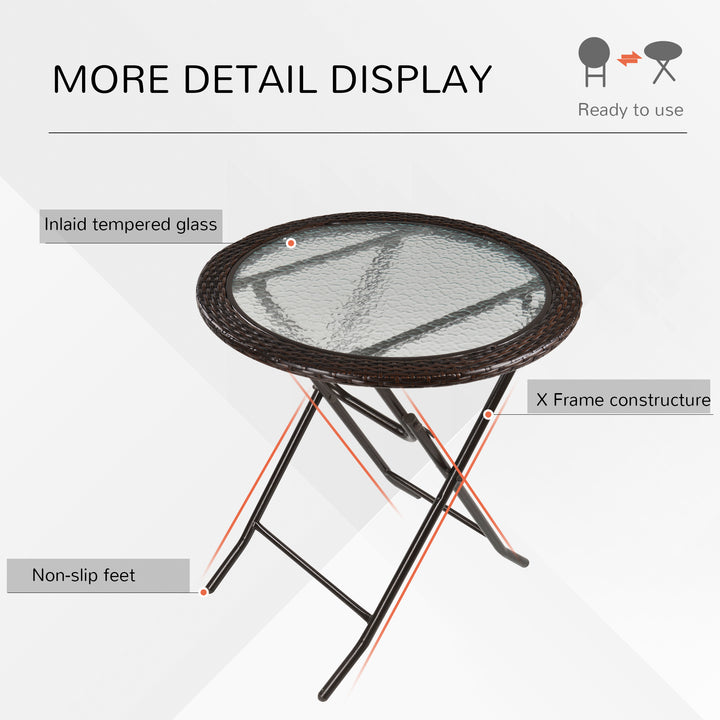Folding Rattan Garden Dining Table, 68 cm Round Rattan Garden Table with Water Ripple Tempered Glass Top, Wicker Edging and Steel Frame for Outdoor, Patio, Brown