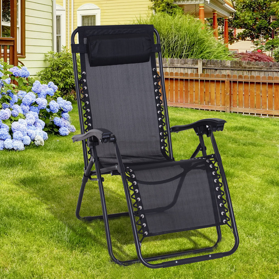 Zero Gravity Chair Metal Frame Texteline Armchair Outdoor Folding and Reclining Sun Lounger with Head Pillow for Patio Decking Gardens Camping, Black
