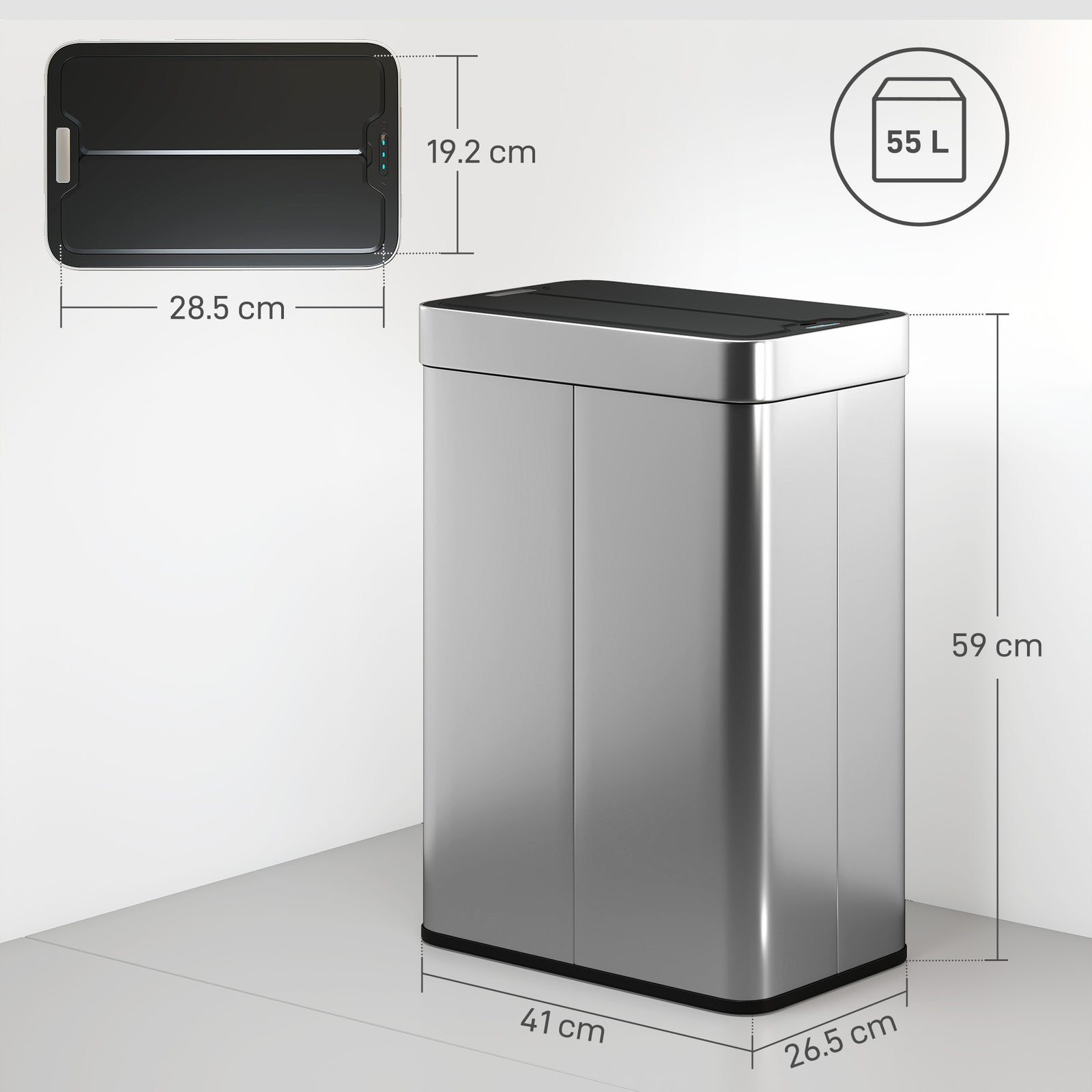 55L Sensor Bin, Large Automatic Touchless Rubbish Bin with Soft-Close 