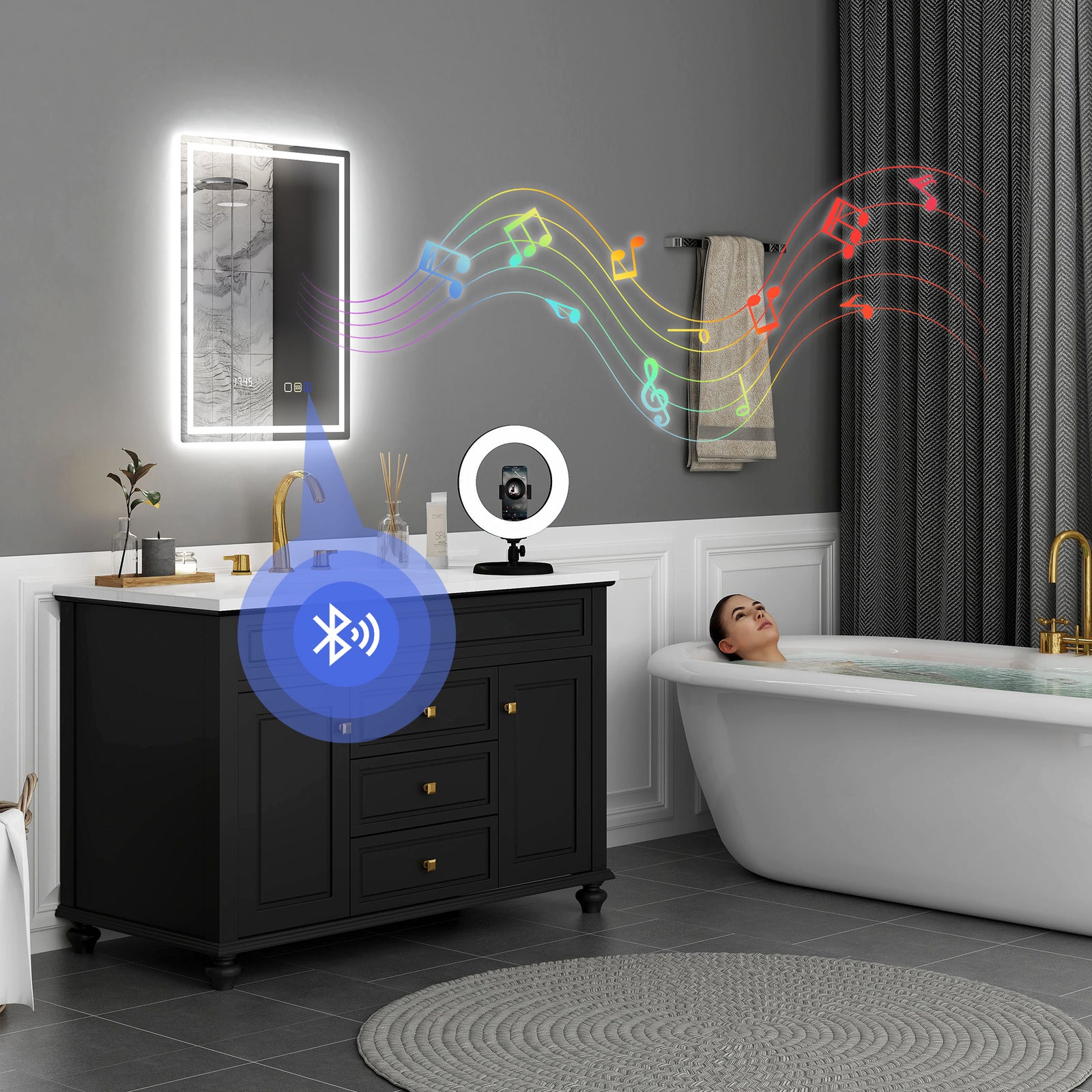 50 x 70 cm Anti-Fog LED Bathroom Mirror, with Bluetooth and Clock - Silver Tone
