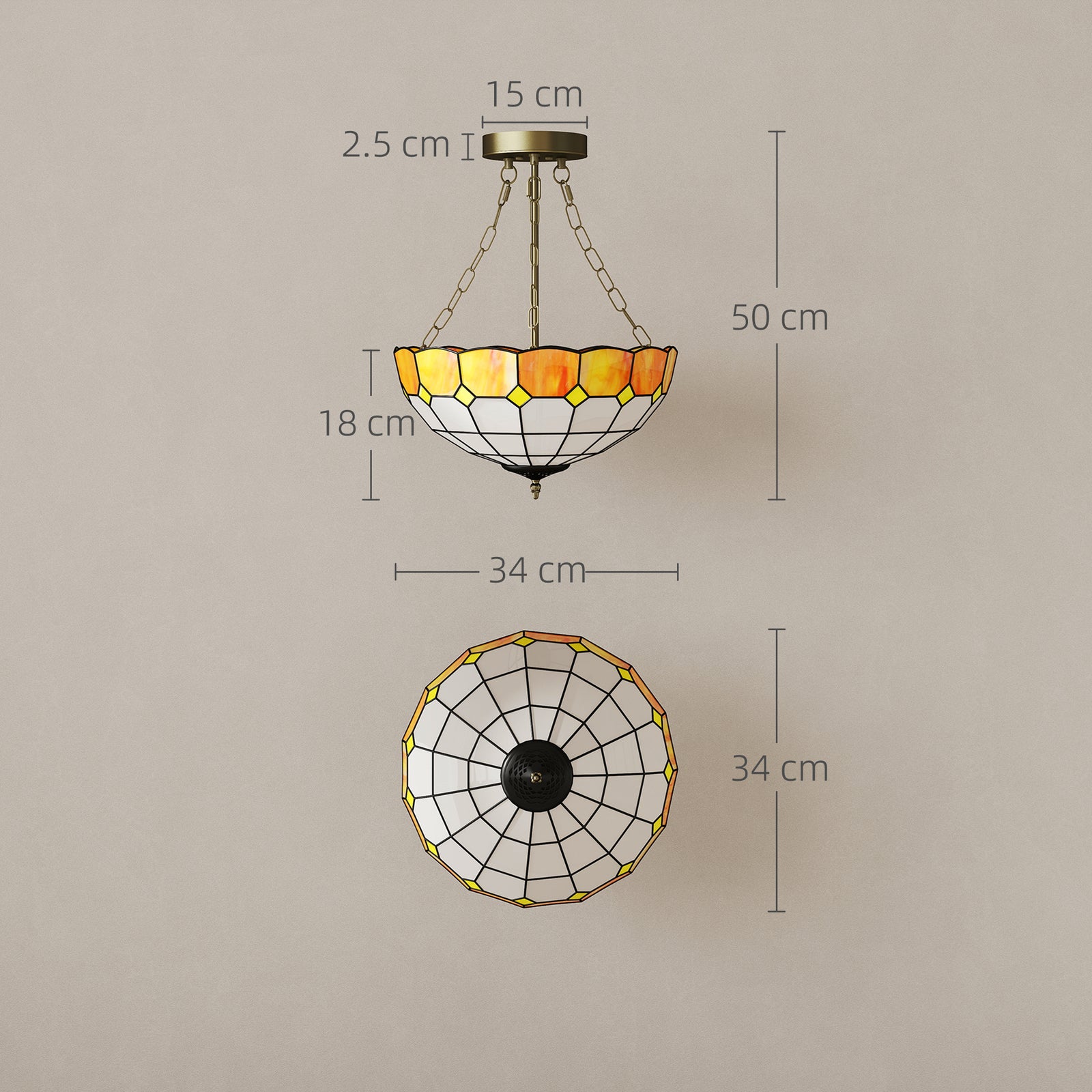 Tiffany Style Ceiling Light, Vintage Chandelier with 3 E27 Sockets, Se