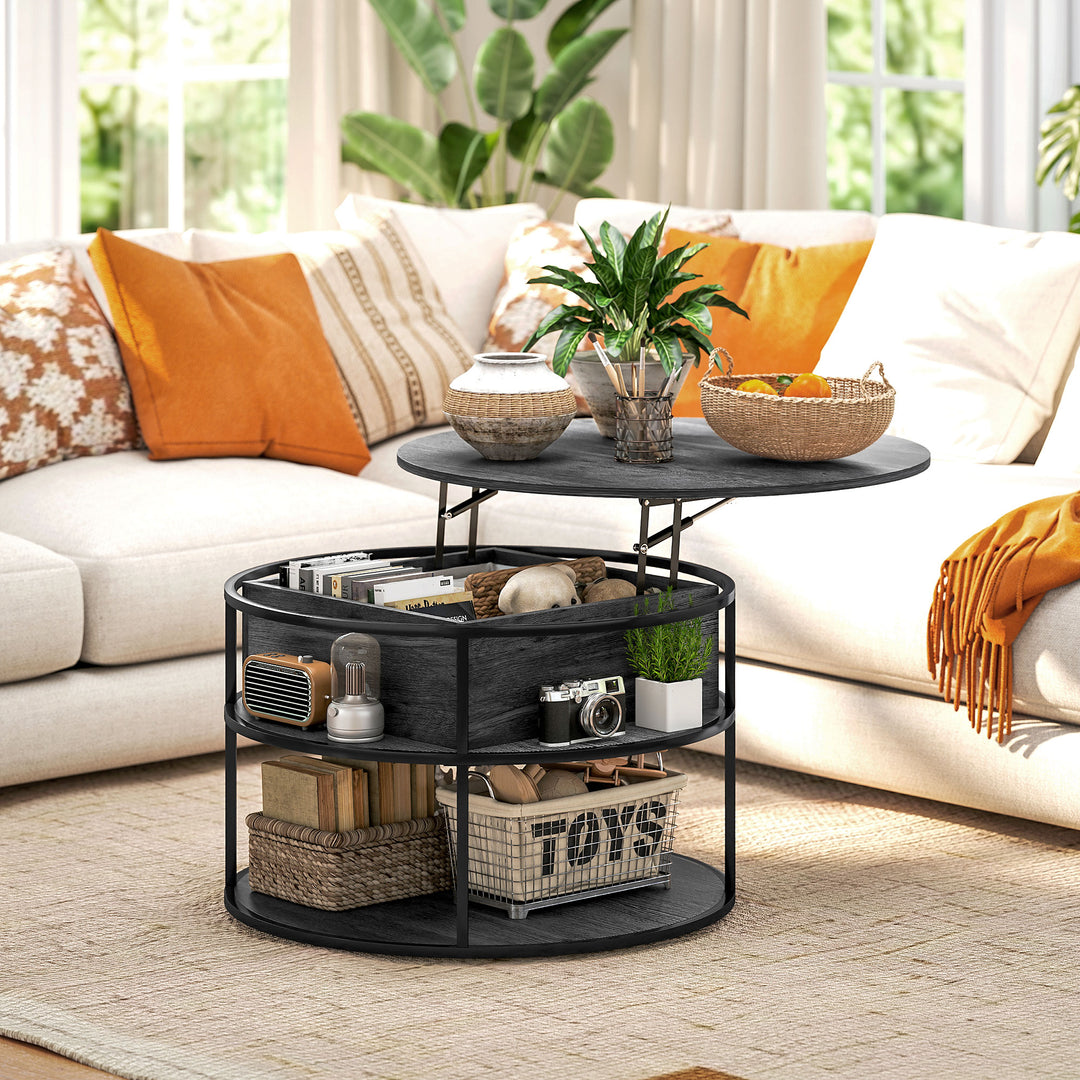 Lift Top Coffee Table, Round Coffee Table with Storage Shelf, Hidden Compartment and Steel Frame for Living Room, Home Office, Charcoal Grey