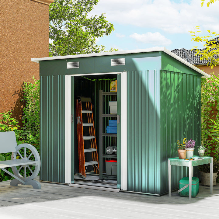 MCL 7 x 4ft Outdoor Storage Shed with Foundation Kit, Lean to Metal Garden Shed for Log, Rubbish Bin, Tool, Lawnmower, Bike, Patio and Lawn Use, Green