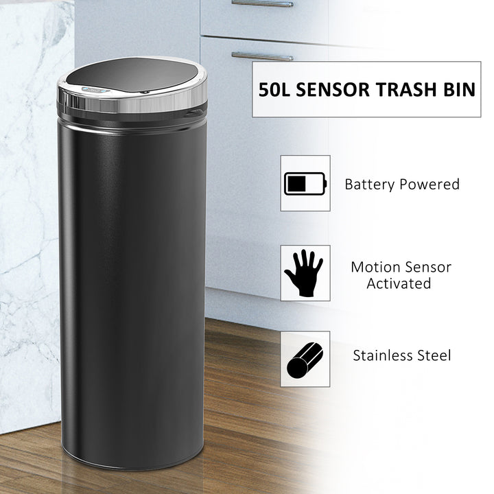 50L Sensor Bin with Quiet Soft-Close Lid, Automatic Touchless Motion Sensor Rubbish Bin with Fingerprint Resistant, Stainless Steel for Hygienic Kitchen, Home Office Use, Black