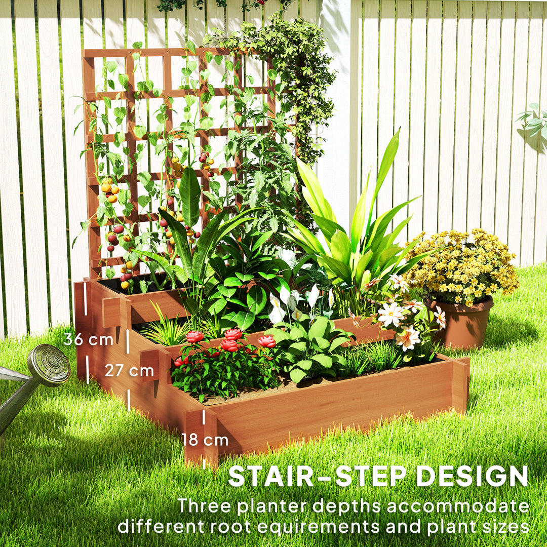 3 Tier Garden Planters with Trellis for Vine Climbing, Wooden Raised Beds, 95x95x110cm, Brown