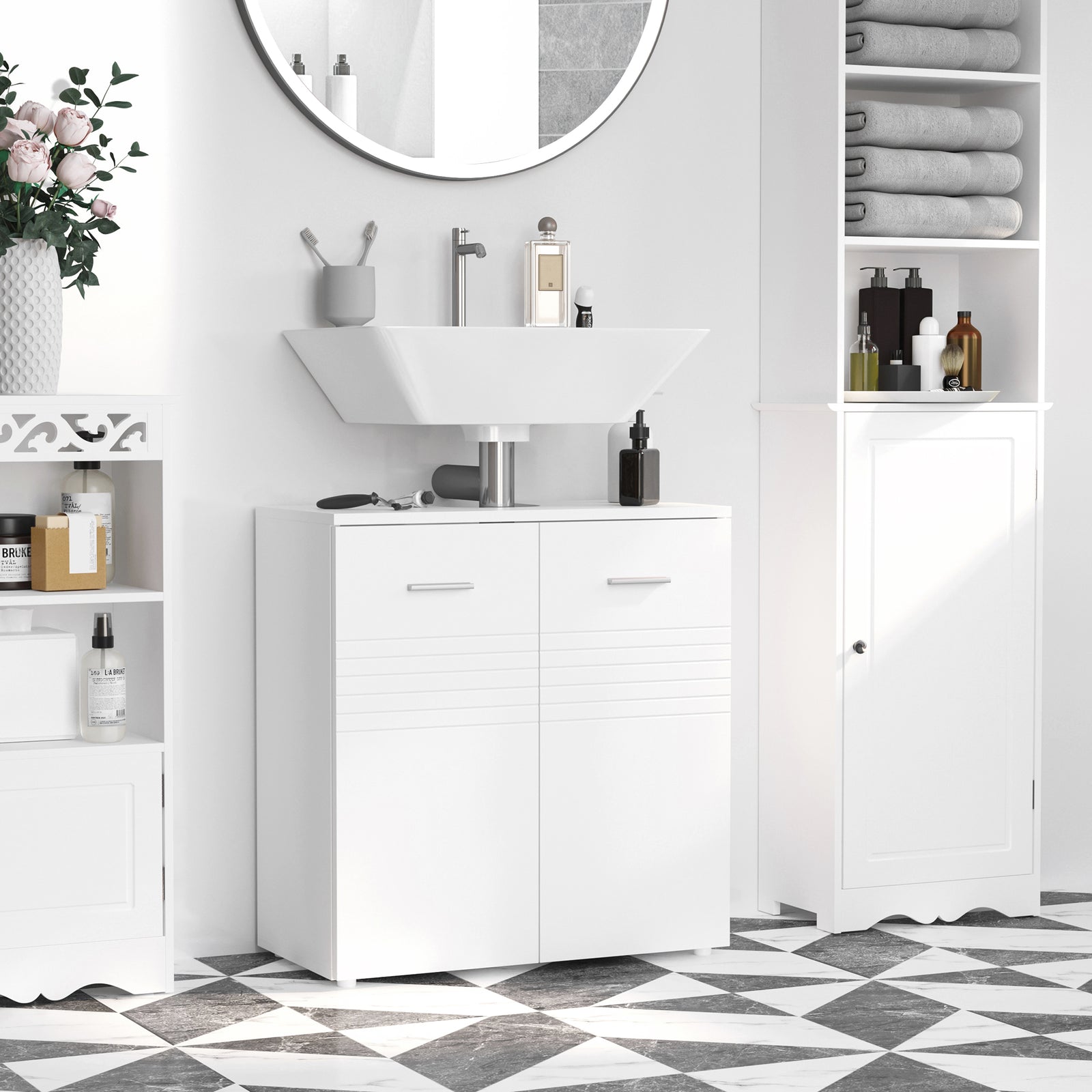 Under Sink Cabinet, Bathroom Vanity Unit, Pedestal Under Sink Design, Storage Cupboard with Adjustable Shelf, High Gloss, White
