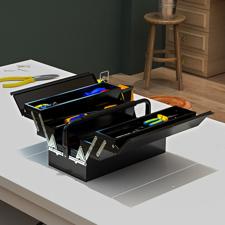3 Tier Metal Toolbox, 5 Tray Professional Portable Tool Box with Carry Handle for Workshop, 45cmx20cmx34.5cm, Black