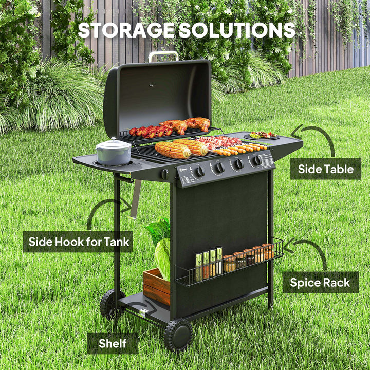 4+1 Burner Gas BBQ Grill, Portable Gas Barbecue Grill with Built-in Thermometer, Lid, Side Table, Shelf, Spice Rack, Wheels, Grease Cup for Garden Party Outdoor Cooking, Black