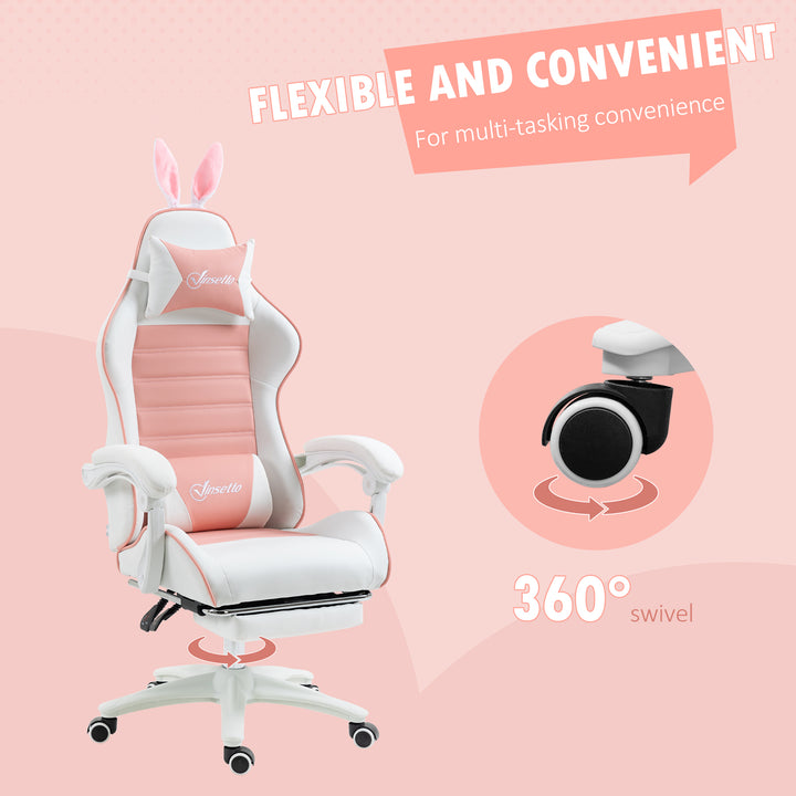 Racing Gaming Chair, Reclining PU Leather Computer Chair with Removable Rabbit Ears, Footrest, Headrest and Lumber Support, Pink