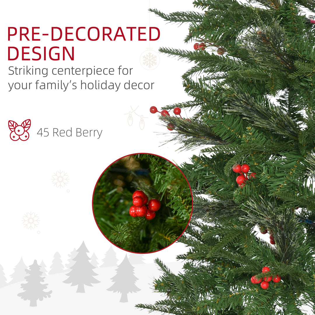 MCL 7ft Pencil Artificial Christmas Tree with Realistic Branches, Red Berries, Auto Open, Green