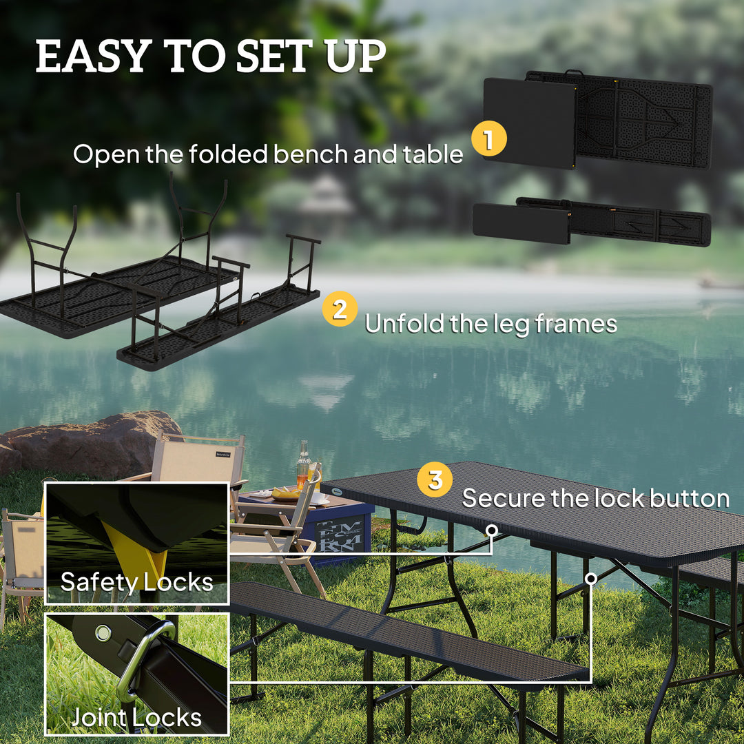 Folding Picnic Table and Bench Set, Rattan Effect Portable Camping Table and Chairs with Carrying Handles for Indoor Outdoor, Dining, Camping, Picnic, BBQ, Party, Black