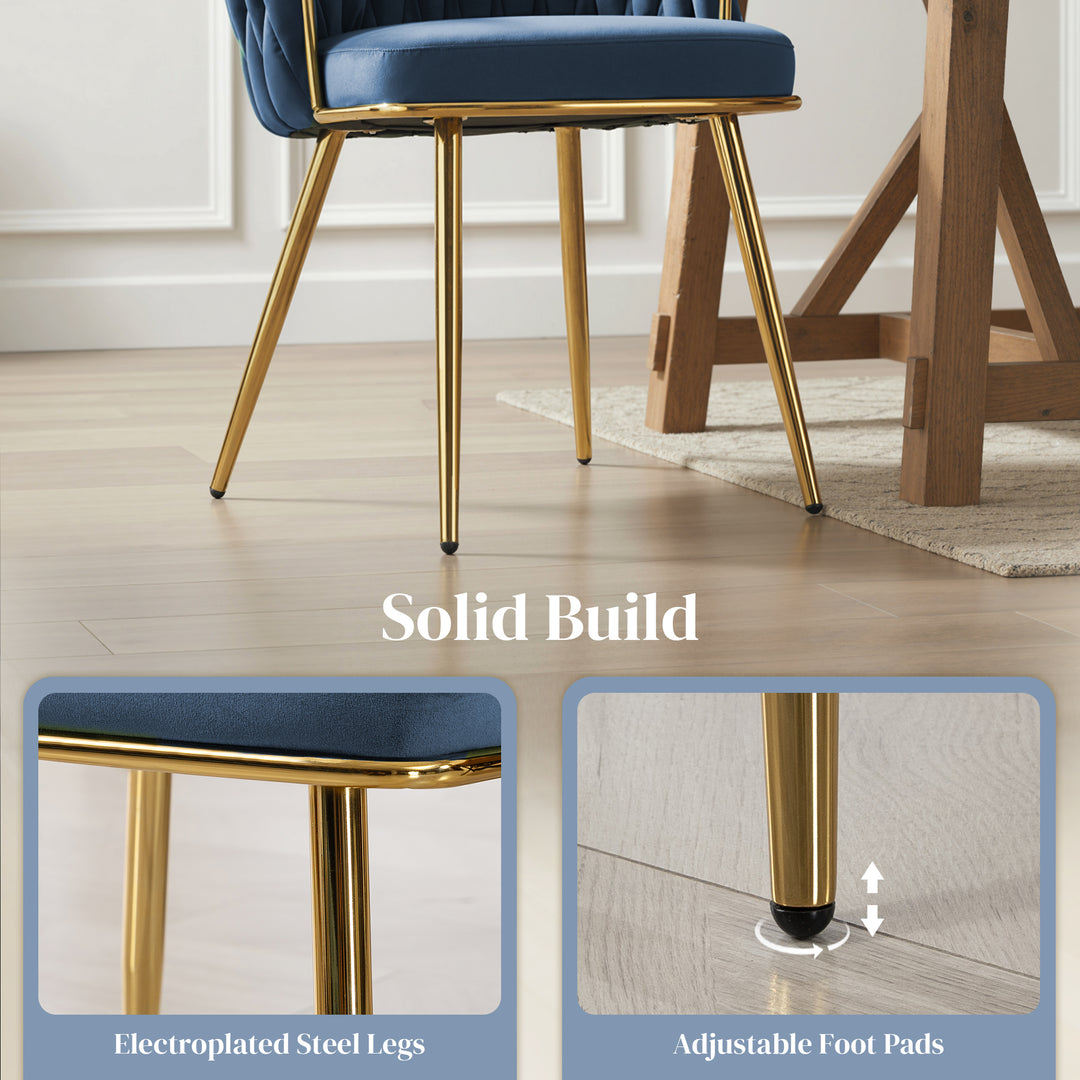 Velvet-Feel Dining Chairs Set of 2, Modern Upholstered Kitchen Chairs with Woven Backrest and Armrests, Metal Legs and Padded Seat for Dining Room, Bedroom, Living Room