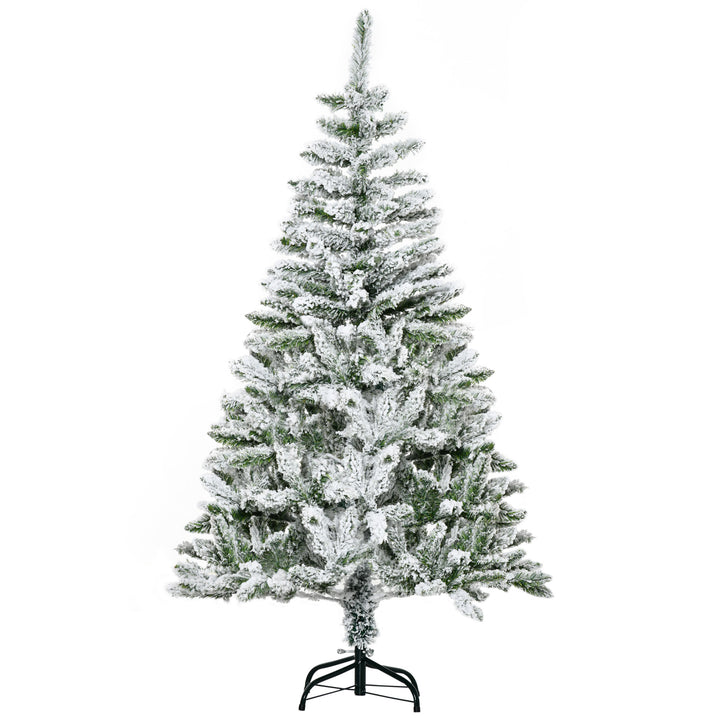 HOMCOM 5 Foot Snow Flocked Artificial Christmas Tree Xmas Pine Tree with 358 Realistic Branches, Auto Open and Steel Base, Green | Aosom UK