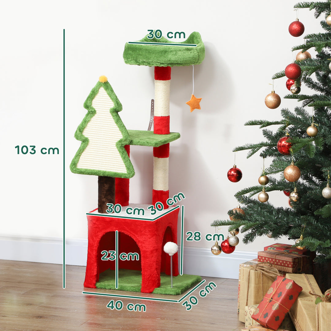 Christmas Cat Tree, 120cm Cat Tower with Scratching Post &amp; Board, Plat