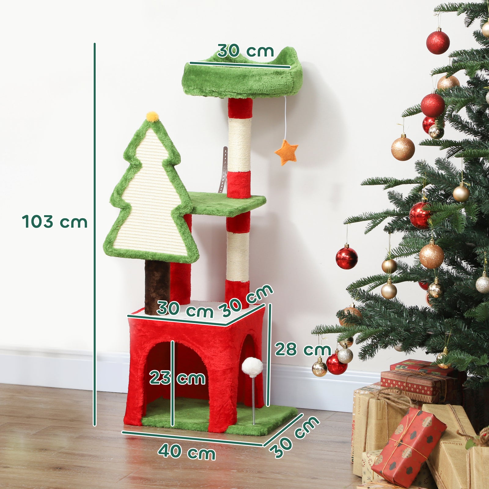 Christmas Cat Tree, 120cm Cat Tower with Scratching Post & Board, Plat