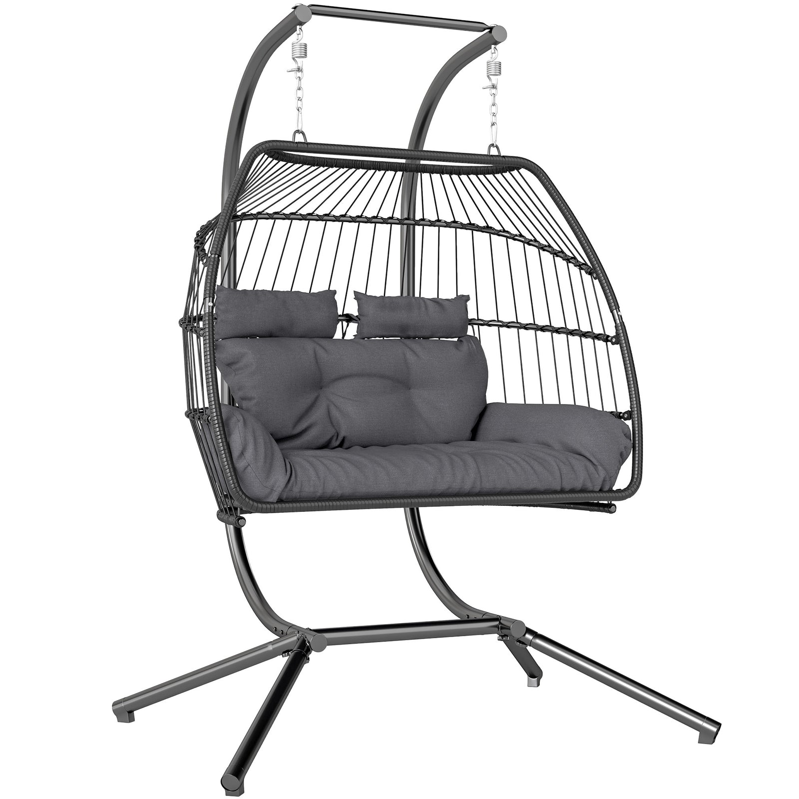 Rattan Double Hanging Egg Chair with Stand, Foldable Wicker Swing Egg Chair with Cushion, Head Pillows, Steel Frame, Hammock Chair for Indoor Outdoor, Capacity 260 kg, Dark Grey