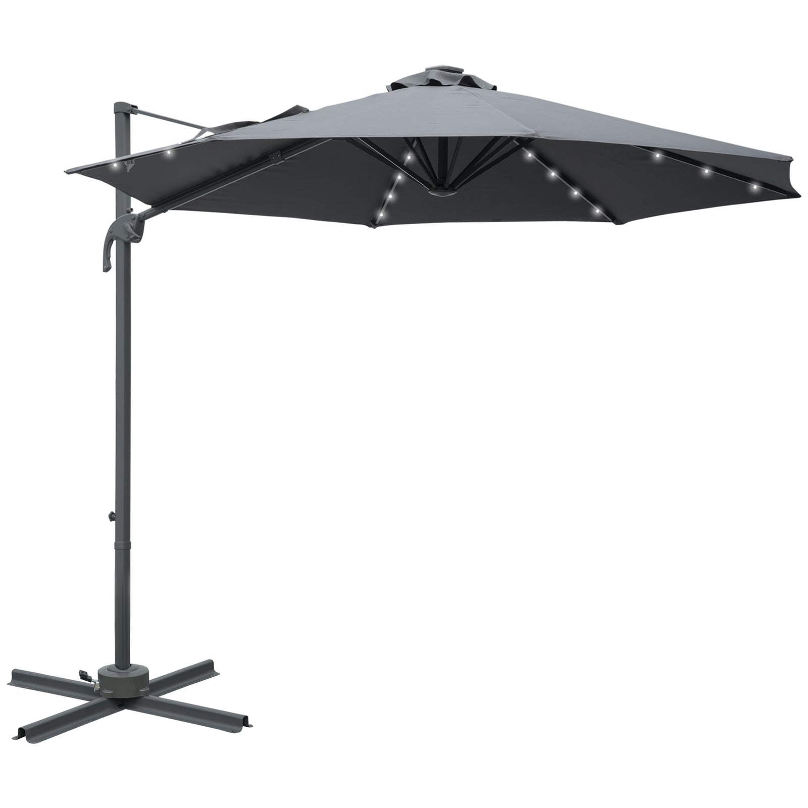 3(m) Cantilever Roma Parasol Patio Sun Umbrella with Crank & Tilt LED Solar Light Cross Base 360° Rotating Outdoor, Dark Grey