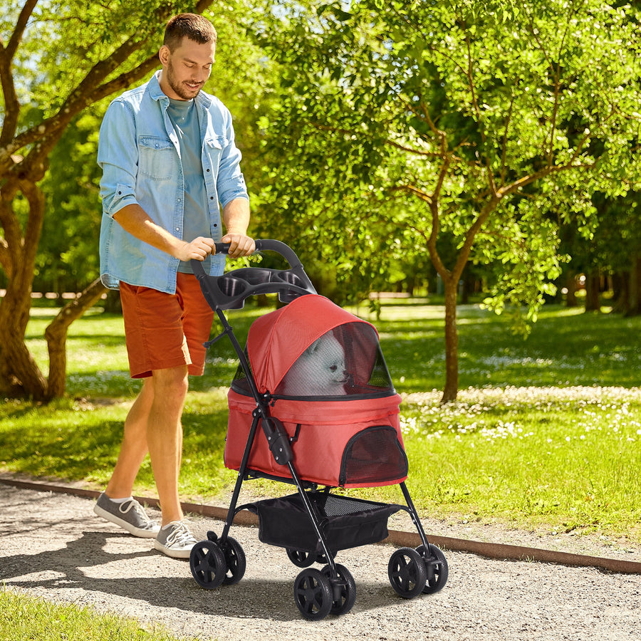 Dog Pram Dog Stroller Foldable Pet Pushchair with 4 Wheels, Safety Leashes, Cup Holder for Small Dogs, Red