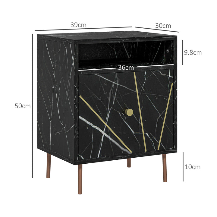 HOMCOM Marble Effect Bedside Table, Modern Side Table with Drawer, Open Shelf and Gold Tone Metal Legs for Bedroom, Living Room, Black