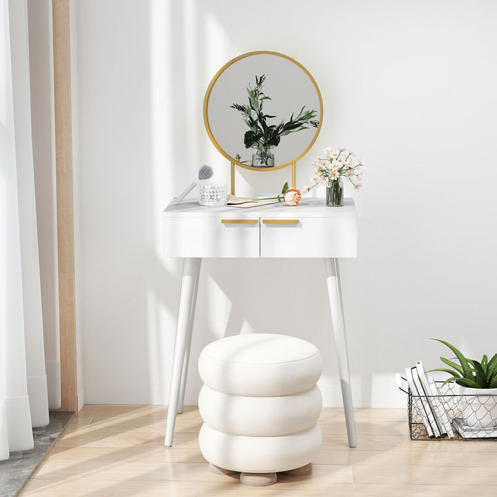Elegant Dressing Table, with Round Mirror, 60 x 40 x 123 cm - White